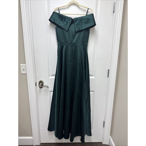 Xscape Size 6 Green Off the Shoulder Satin Front Slit Formal Gown Cocktail Dress - Picture 8 of 13